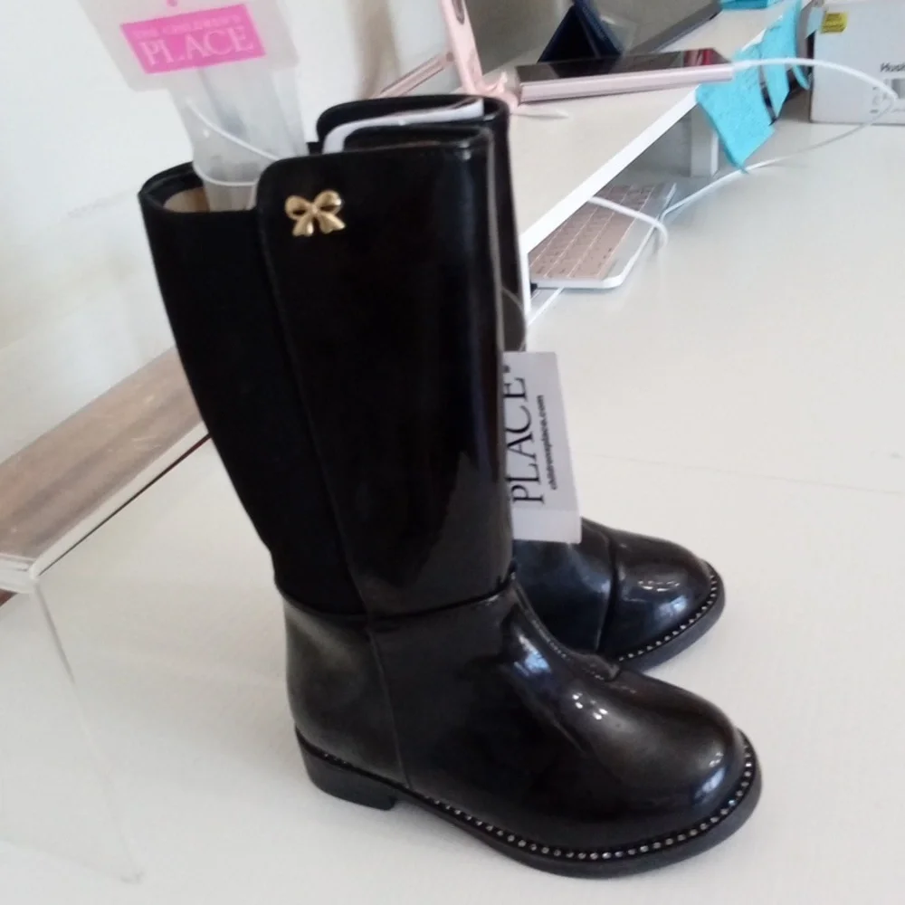NWT The Children’s Place Toddler Girls Black Rain Boots Gold Bow Size 7